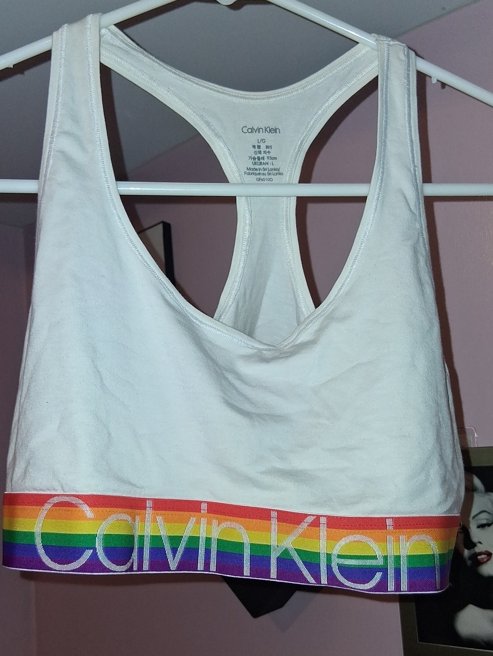 Calvin Klein White Sports Bra with Rainbow Logo Band